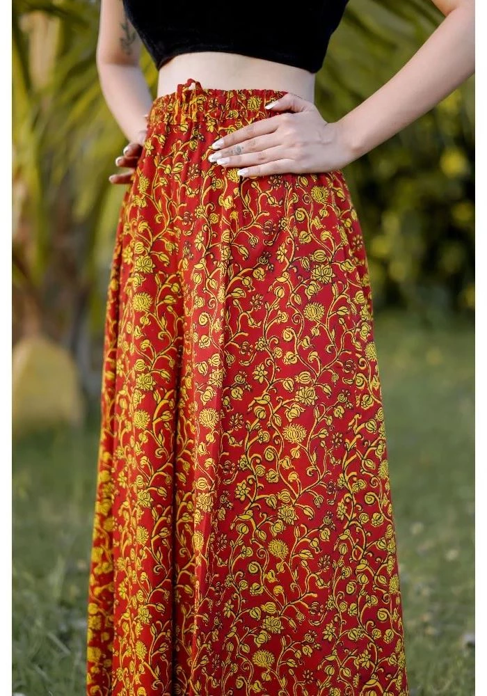 Red and Yellow Cotton Wrap Skirt with Bagh Hand Block Pattern